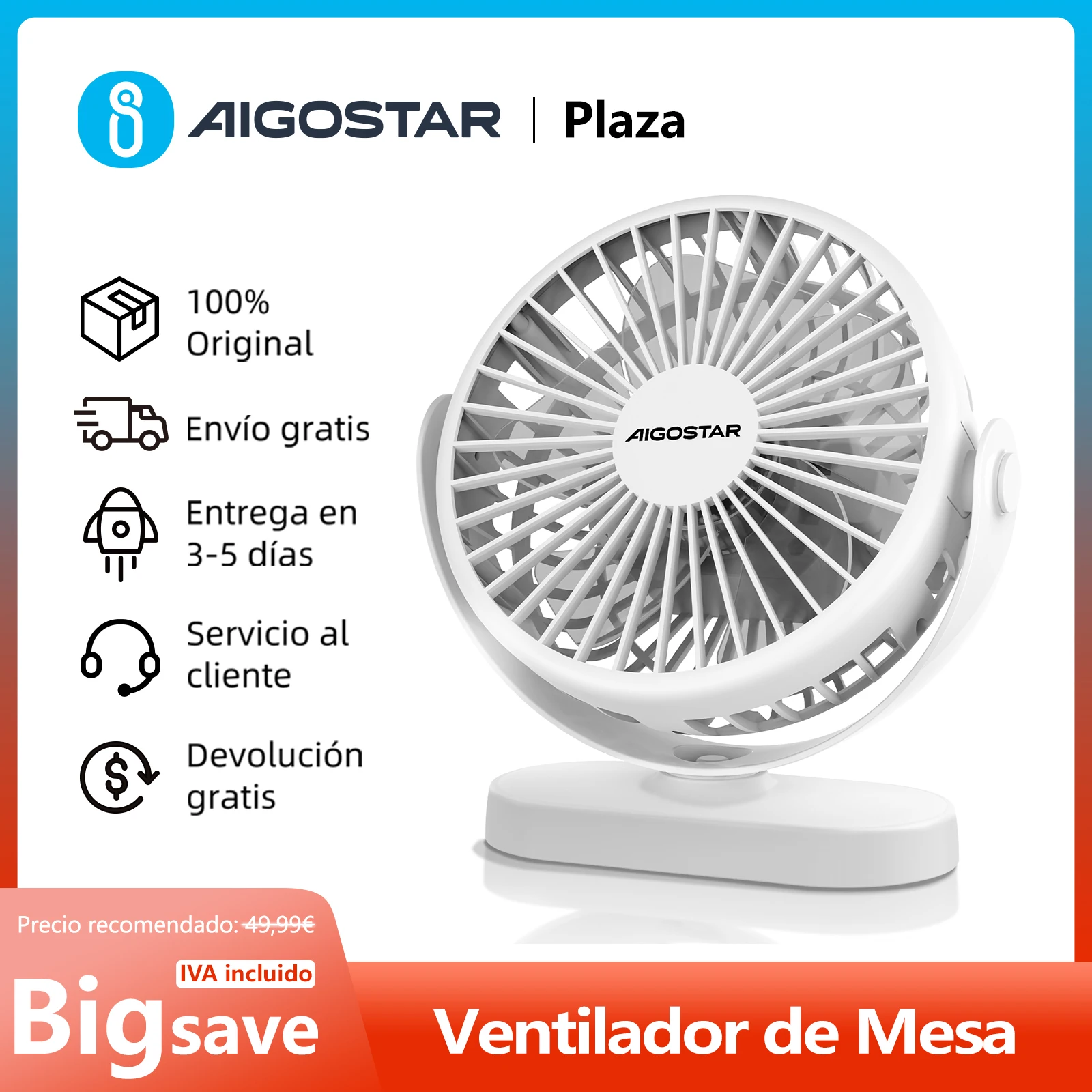 Ventilador de Mesa, con Luz Nocturna, Pequeño, 3 Velocidades, 5 Aspas, Oscilación Multidireccional, Recargable por USB, 1500mAh