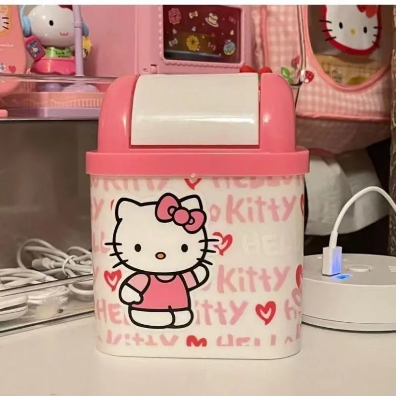 

Kawaii Sanriod Hello Kitty Desktop Trash Can Girly Heart Mini Office Living Room Household Covered Square Garbage Storage Bin