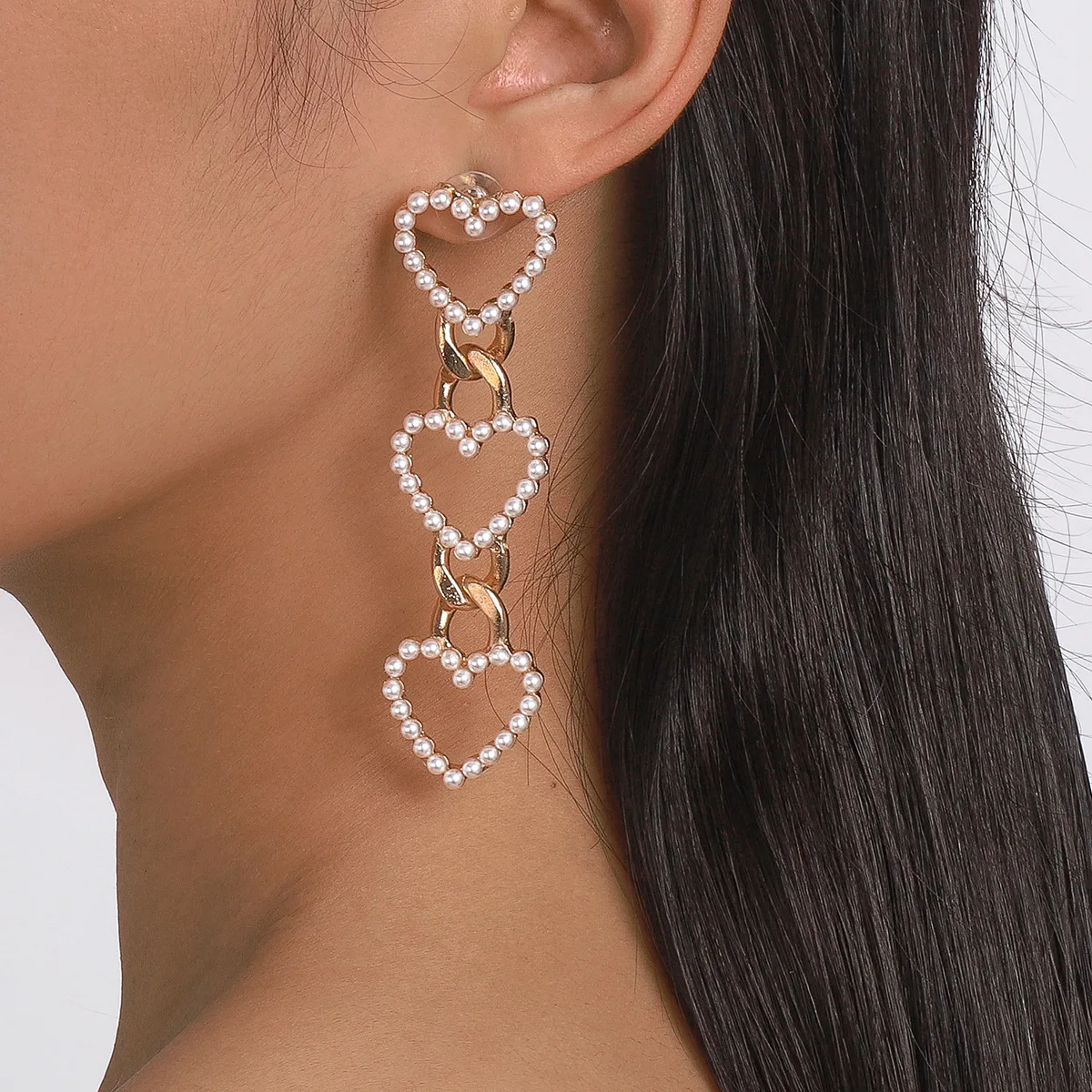 

Korean Fashion Imitation Pearl Heart Long Drop Earrings Women Bridal Temperament Link Chain Hanging Earring Wed Love Accessories
