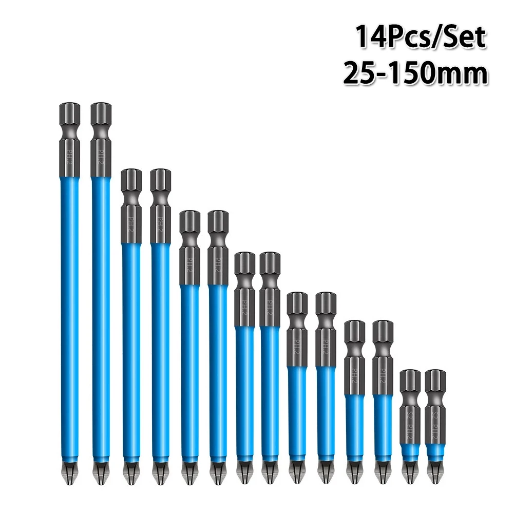 

14Pcs Non-Slip Batch Head Kit PH2 Screwdriver S2 Magnetic Batch Head 25-150mm 1/4 Inch Hex For Electric Hand Drill