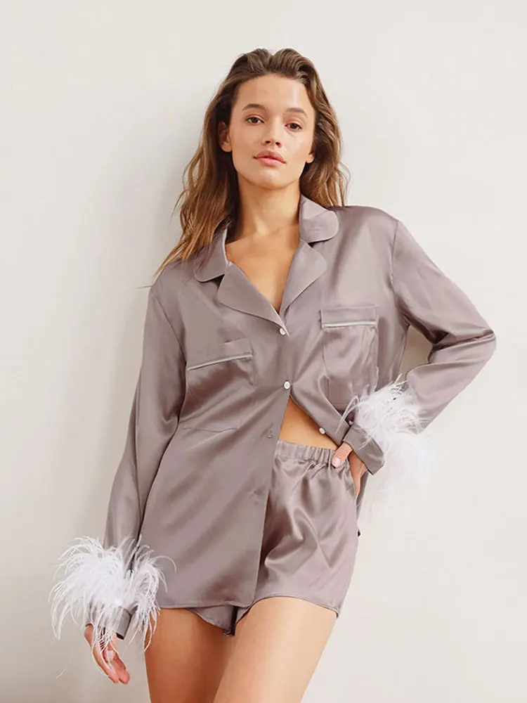 Весенний женский домашний костюм с мягкими перьями топ на пуговицах облегающие