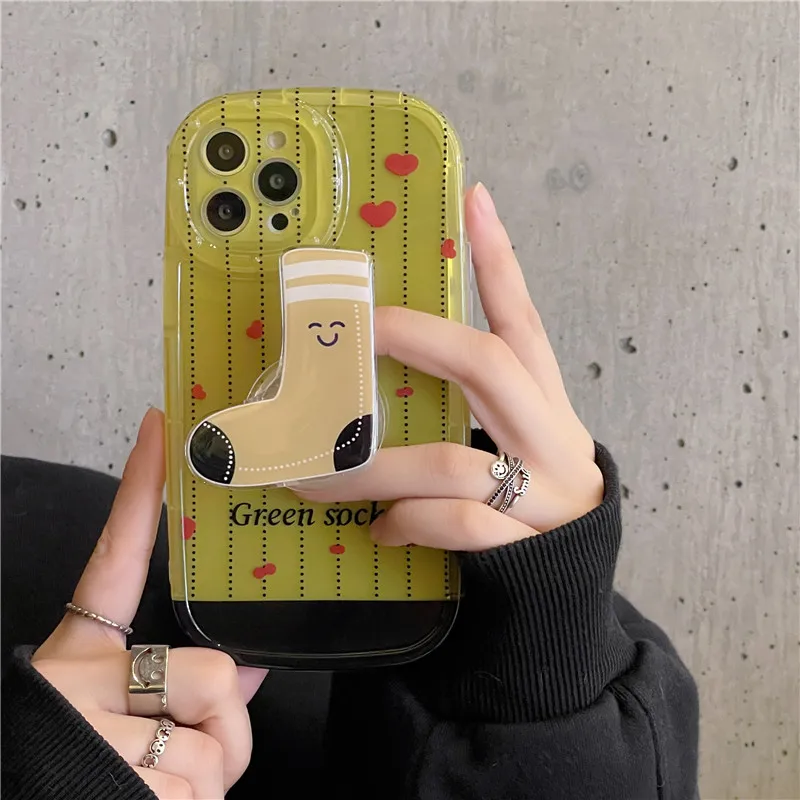 

Korean ins Cute Cartoon Green Sock Stand Holder Phone Case For iPhone 14Pro Max 11 12 13 pro Shockproof Silicone Soft Back Cover