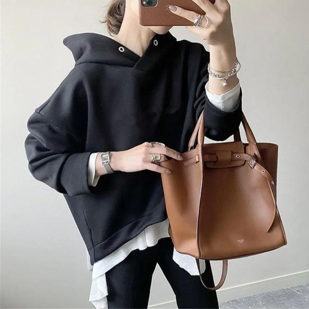 

HoodieFashion Women Pullover Hoodies 2021 Autumn Casual Office Ladies Solid Color Loose Long Sleeve Women's Hooded Top Japan Kor
