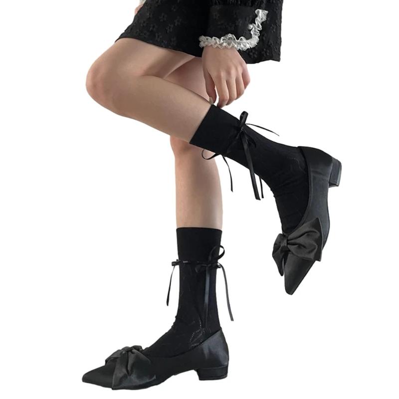 

Женские носки до середины икры с эластичной отделкой и бантом