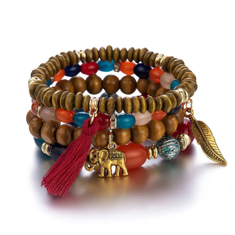 

New 2022 Bohemian Handmade Vintage Wooden Bead Glass Bead Hand String Small Elephant Multi-layer Stretch Bracelet