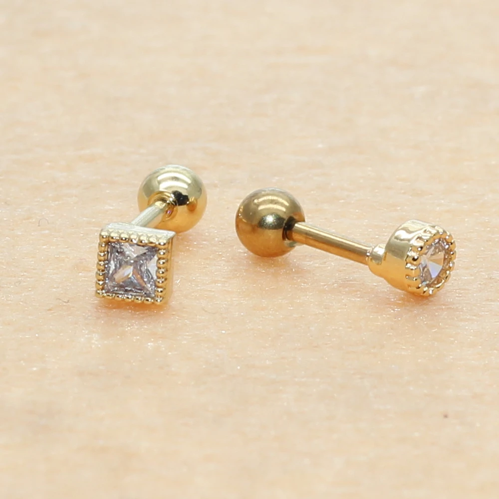 

Round Square Delicate Screw-Back Copper Stud Earrings Never Fade Lenth Shape More Bling Zircons Fashion Good Jewelry