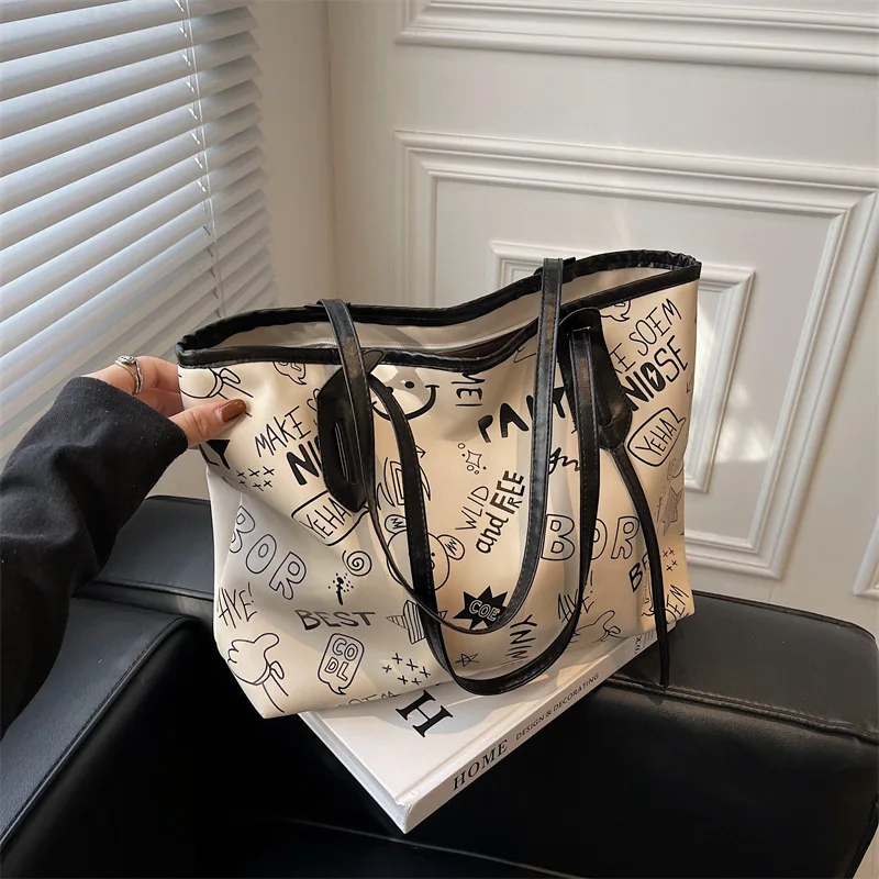 

Large Capacity Bucket Shoulder Bag for Women Canvas Students Casual Letter Women's Handbag New Fashion Solid Female Shopper Bags