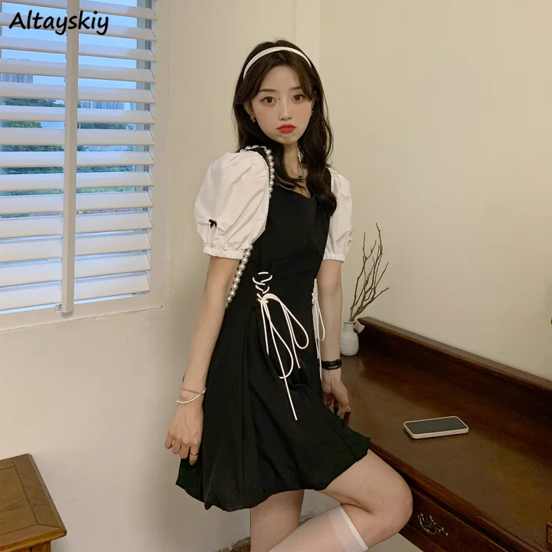 

Bandage Dress Women Puff Sleeve Patchwork Design A-line All-match Sweet Lady Preppy Style Young Korean Fashion Платье Женское