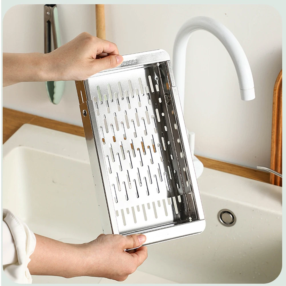 

Over the Sink Colander Strainer Basket Stainless Steel- Wash Vegetables Drain Cooked Pasta and Dry Dishes - Extendable