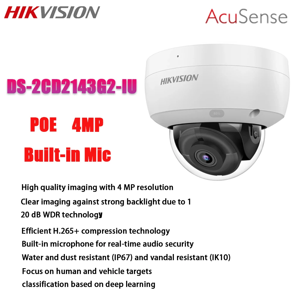 

Hikvision 4MP POE IP Camera DS-2CD2143G2-IU H.265+ IP67 120 dB WDR Face Detection Built-in Mic Fixed Vandal Dome Network Camera