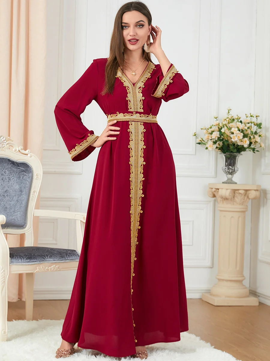 V-neck Arab Morocco Muslim Fashion Long Dress Elegant Abaya Women Embroidery Maxi Dresses Abayas Dubai Turkey Islam Kaftan