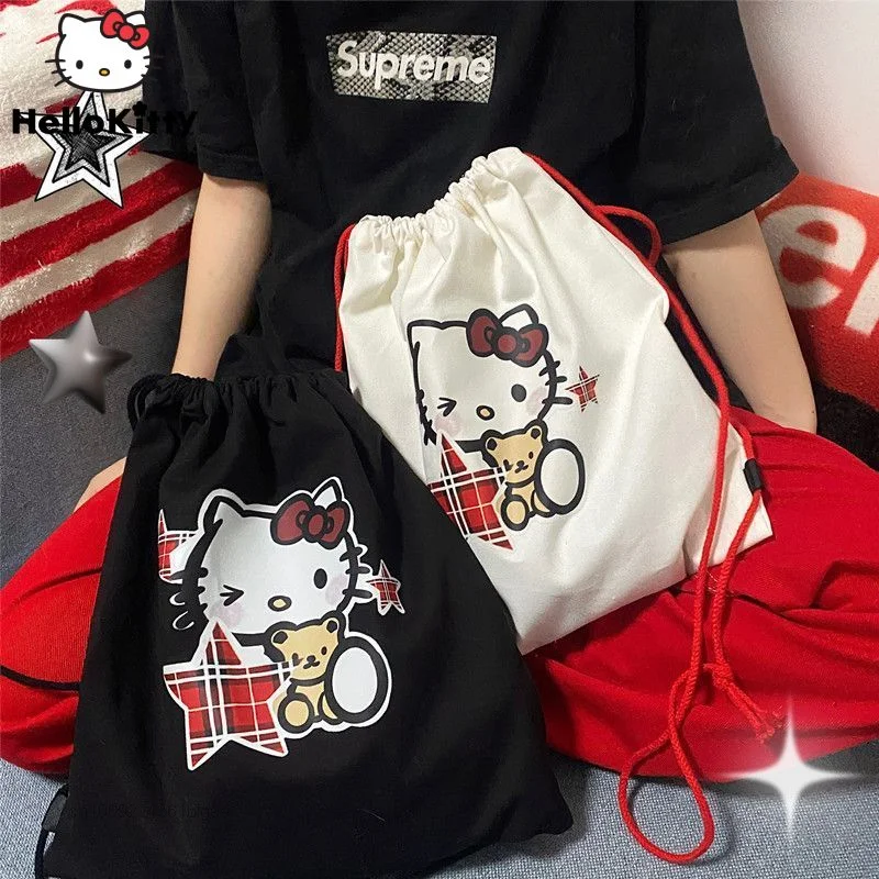 Sanrio Hello Kitty Canvas Bags Women Casual Aesthetic Backpack Cute Y2K Star Drawstring Bag Korean Style Fashion Shoulder Bag