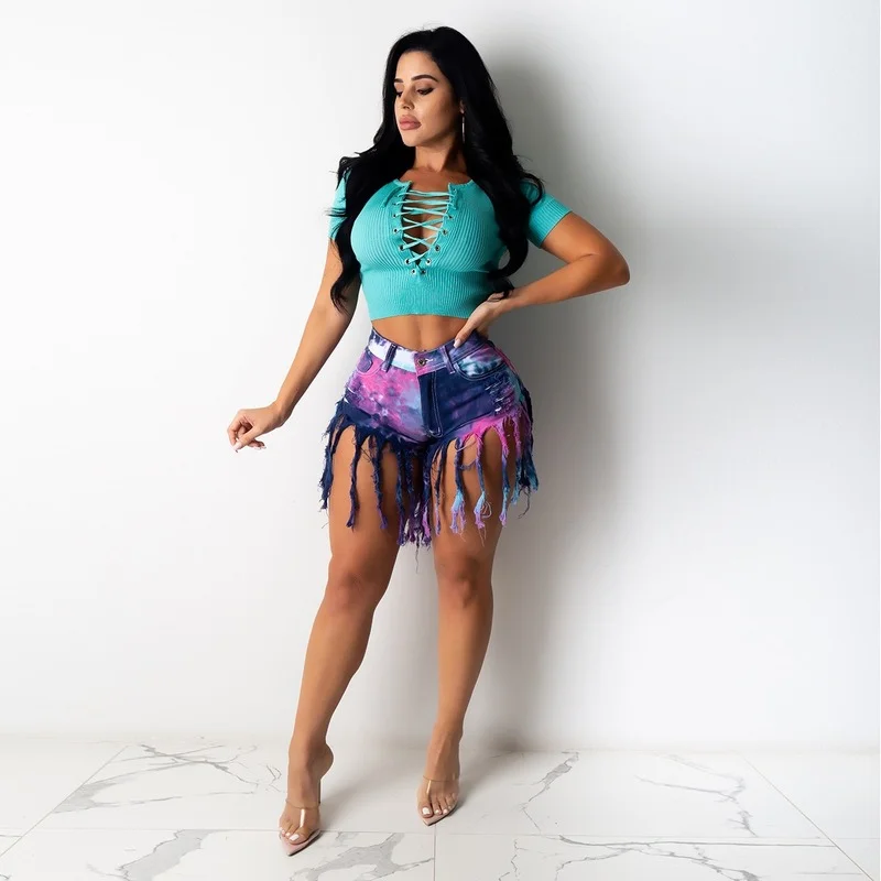 Hight Waist Skinny Slim Plus Size Jeans Women Tassel Tie Dye Denim Shorts Female Casual Shorts with Buttons Summer Streetwears