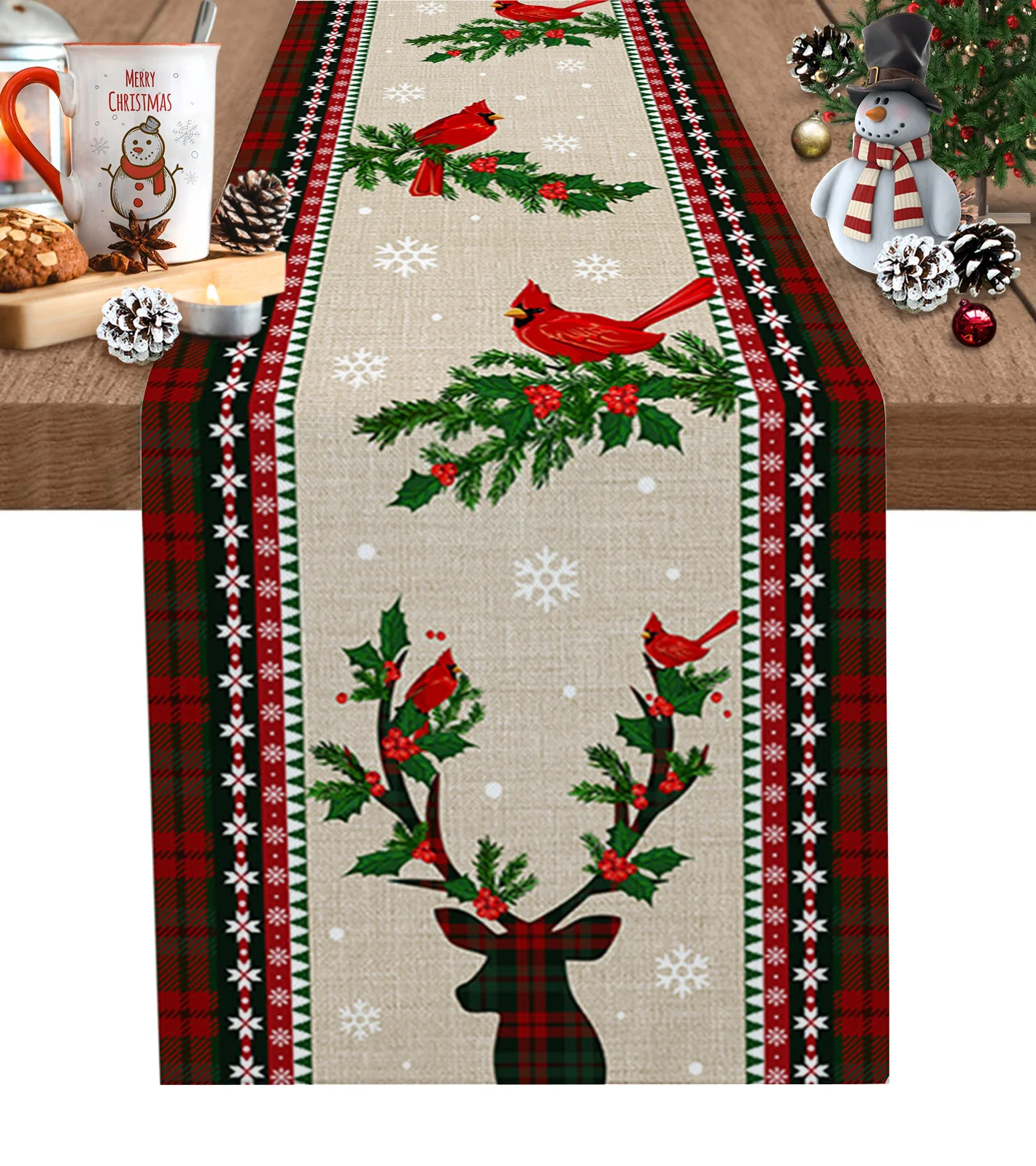 

Christmas Elk Robin Fir Tree Table Runner Modern Kitchen Dining Decoration Table Runner Wedding Holiday Decor Table Cloth