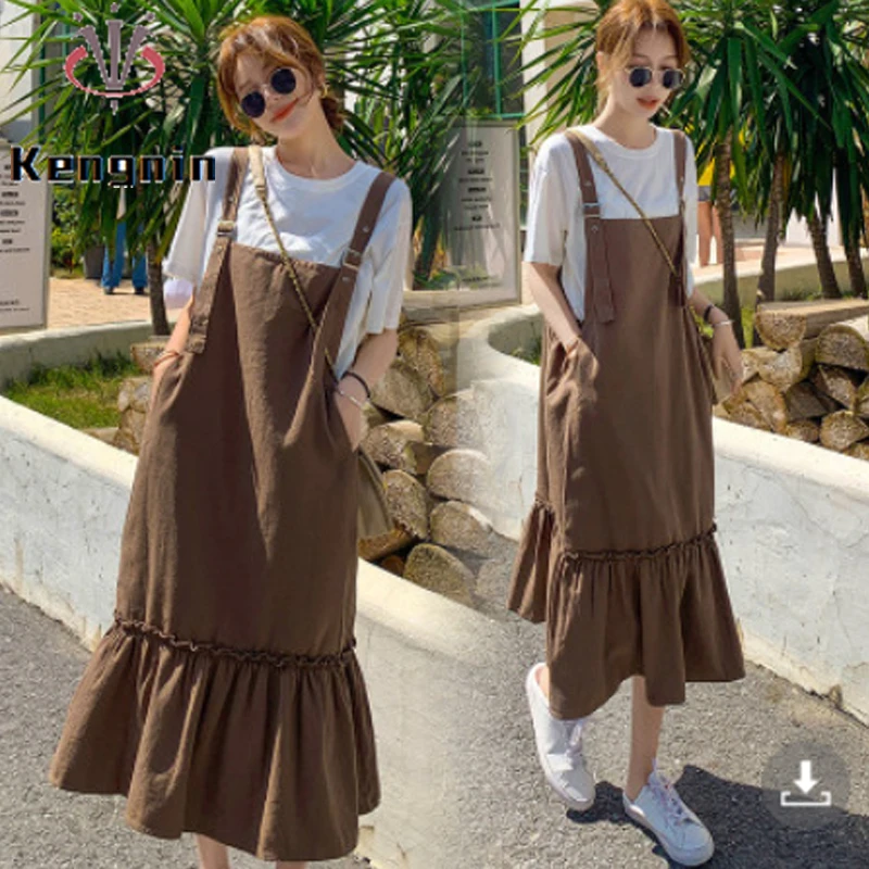 

Plus Size 4XL Women Dress Sets 2022 Summer Sexy Sleeveless Overalls Straps Dress + White Color Simple T-Shirt Lady Suits KE2542