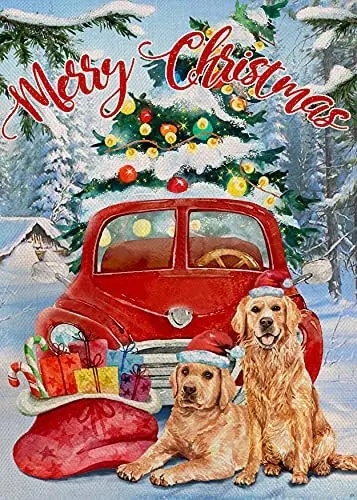 

Home Decorative Merry Christmas Garden Flag Xmas Tree Gifts Bag House Yard Golden Retriever Dog Puppy Red Truck Outside