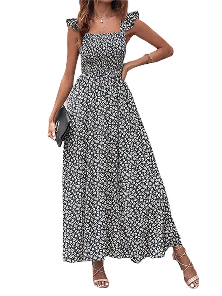 

Женское летнее длинное платье, свободное платье с квадратным вырезом и цветочным принтом