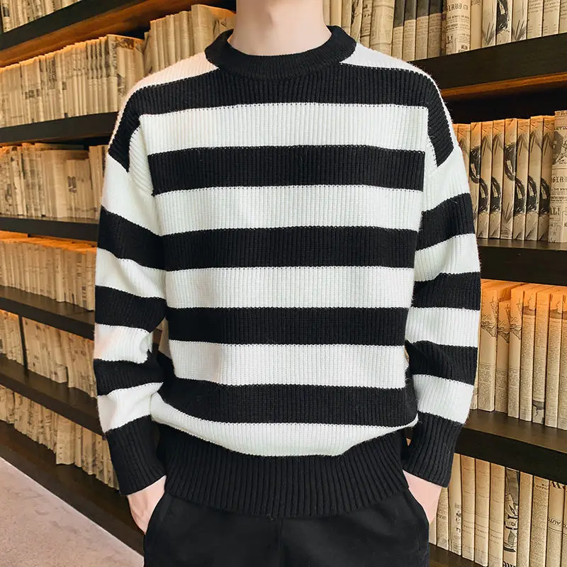 

2022 Autumn Winter Knitted Striped Sweater Man Casual Oversized Pullovers Sweaters Loose Warm Jumper Streetwear Teen Knitwear