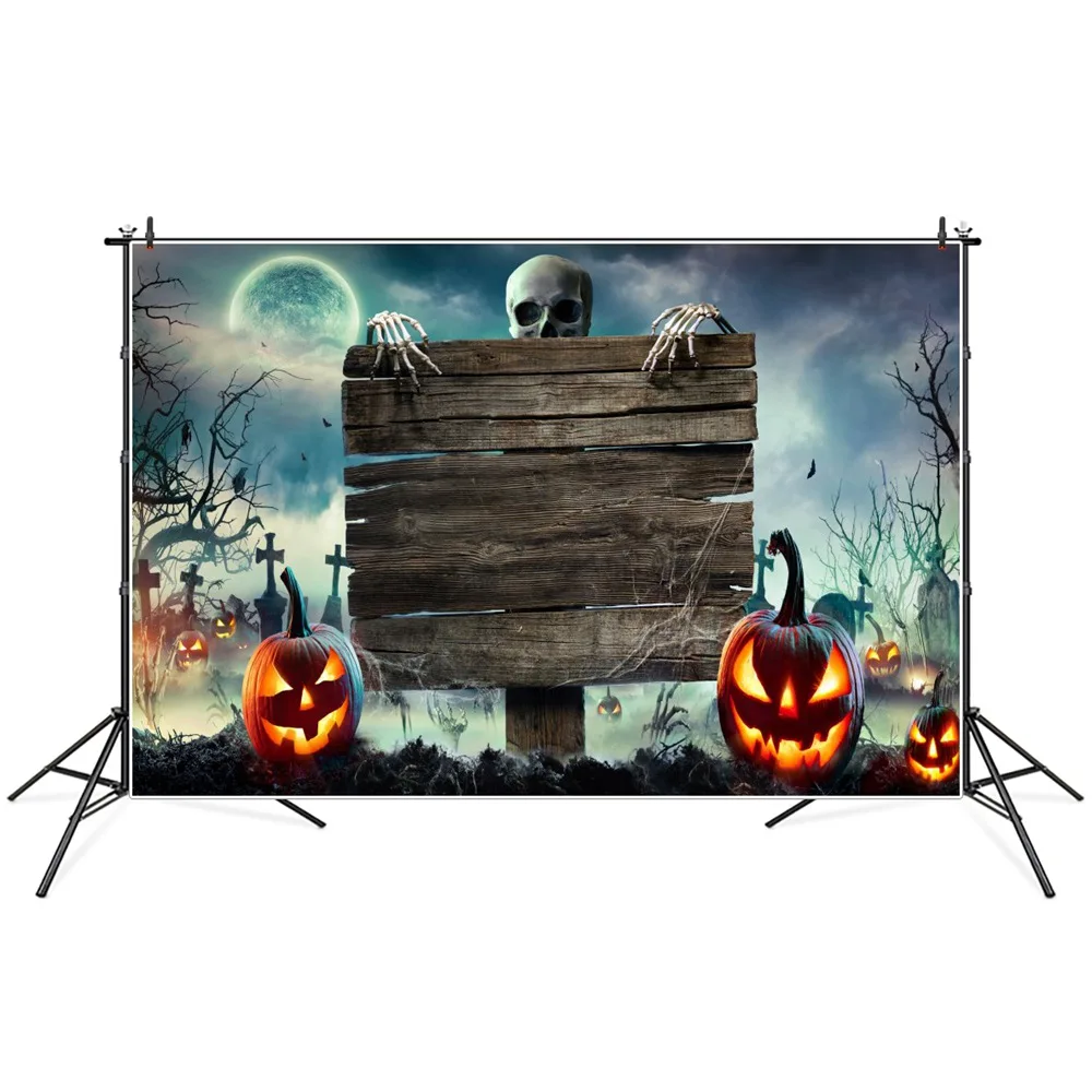 

Skeleton Wooden Sign Cemetery Pumpkin Lantern Halloween Photography Backgrounds Custom Baby Party Decoration Photo Backdrops