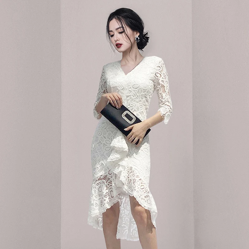 

Elegant Dresses Lace Ruffled Sexy Slim V-neck 3/4 Sleeve Irregular Dress Spring and Autumn Women Party Dress 2022 Formal
