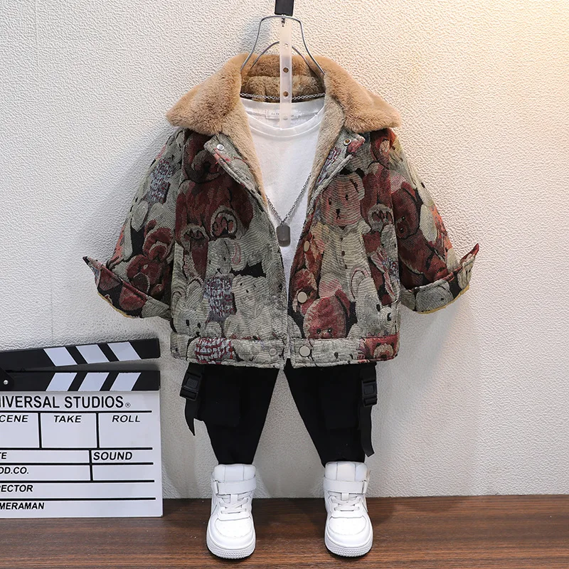 

Флисовое пальто для мальчиков, зимнее флисовое пальто с отложным воротником и длинными рукавами с принтом медведя для мальчиков, зимнее пальто, детская куртка, зимняя одежда для мальчиков