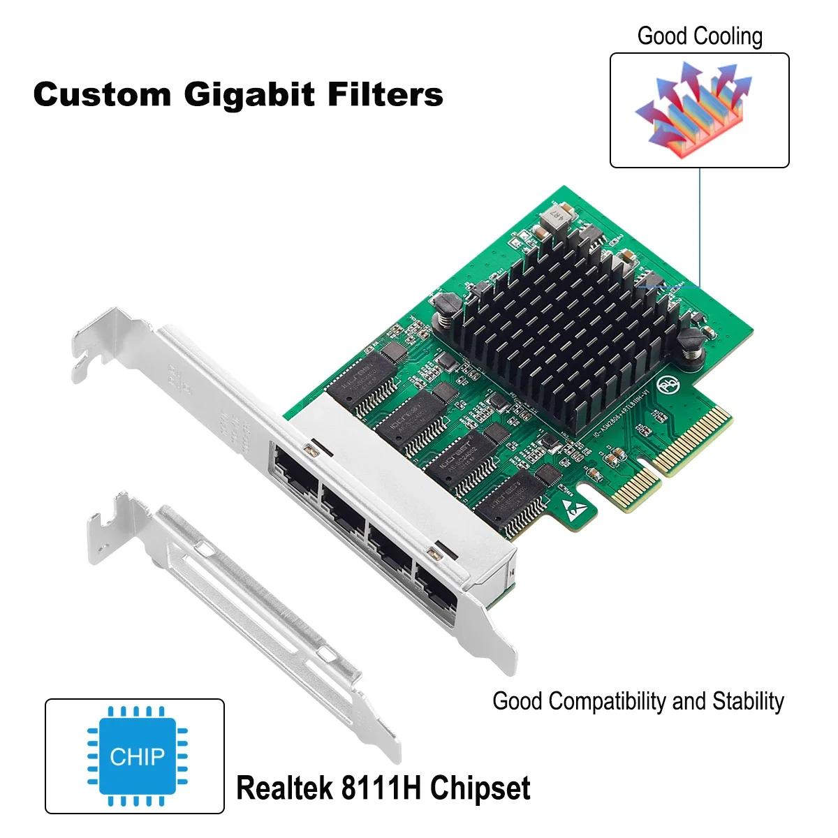 IOCREST PCIe x4 4-портовая сетевая карта Gigabit Ethernet 10/100/1000 Мбит/с четырехканальная Realtek 8111H