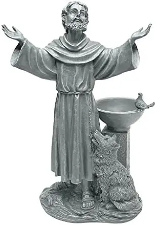 

JE14106 St. Francis' Blessing Religious Garden Decor Statue Bath Bird Feeder, 19 inch, Greystone
