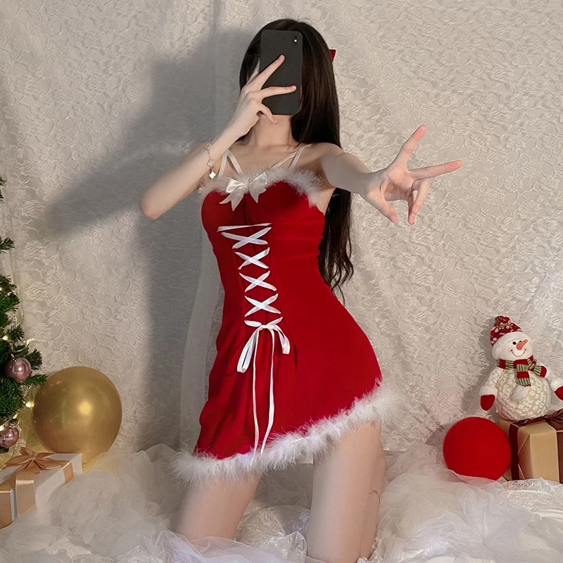 Sexy Mousse 2023 Winter Lingerie for Women Sexy Sleepwear Velvet Role Play Dress Ladies Christmas Nightgown Uniform Set Red