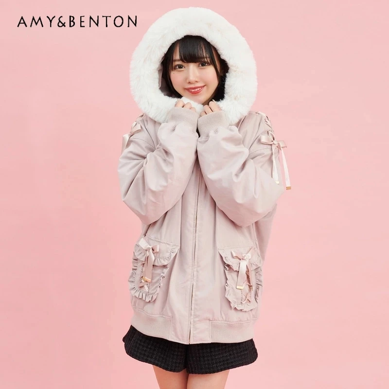 

Autumn Winter Japanese Sweet Bow Lace-up Fur Collar Hood Cotton-Padded Coat Loose Slim All-Match Parkas Solid Color Cute Clothes