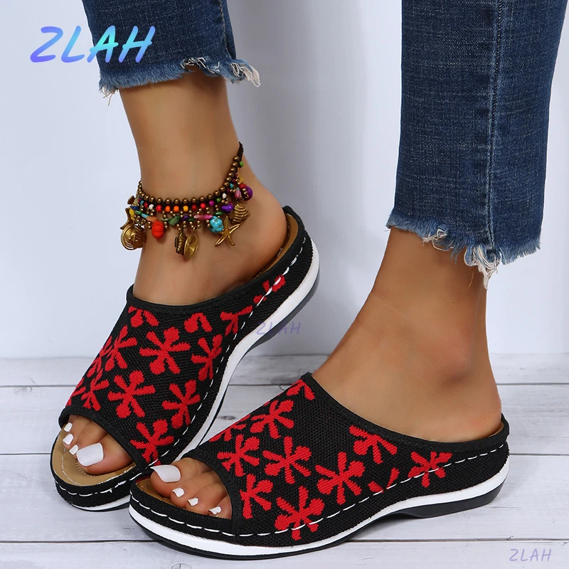 

Summer Women's Slippers Mesh Women Sandals Zlah Summer Platform Shoes Casual Women Shoes Embroidered Decoration Women's Slippers