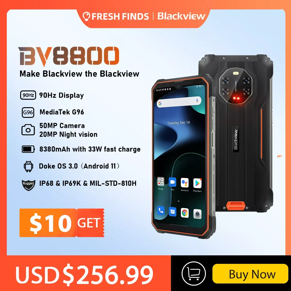 

NEW2023 [In Stock] BLACKVIEW BV8800 Rugged Smartphone 90Hz Display 8GB+128GB Helio G96 8380mAh 50MP Camera Mobile Phone Global