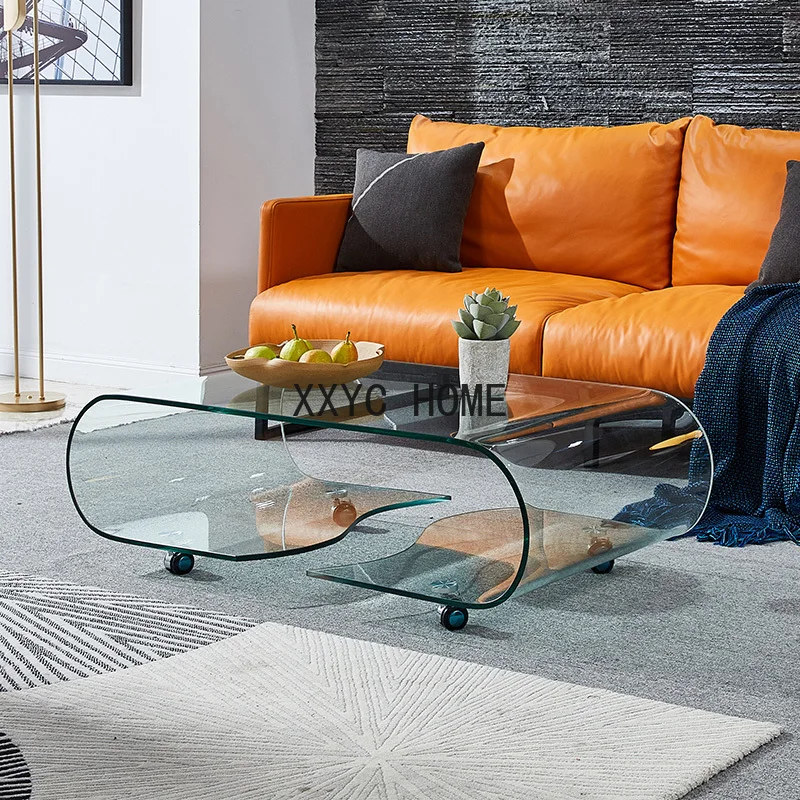 Стеклянный журнальный столик прозрачный мобильный чайный современный овальной