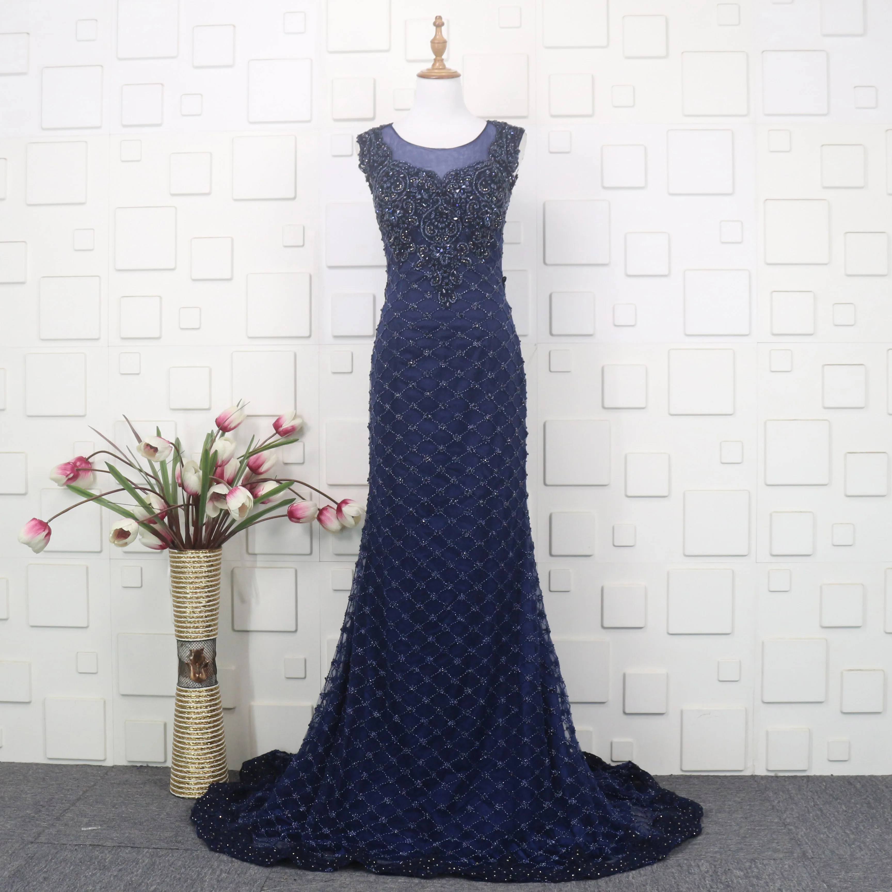 

Navy Blue Beads Lace Evening Dress Mermaid 2022 Sweetheart Satin Floor Length Formal Evening Gown for Women