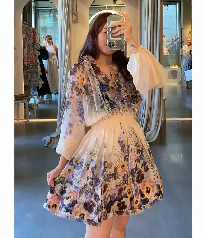 

Bettergirl Dress 2023 Trendy Women Organza A-line Elastic Waist Mini Skirt Blouse & Shirt Printed Floral Two Piece Skirt Set