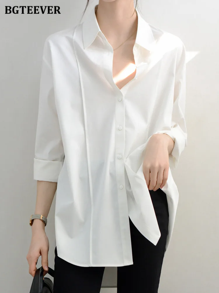 

Модная однобортная женская блузка BGTEEVER с отложным воротником, элегантные базовые женские белые рубашки с длинным рукавом, весна