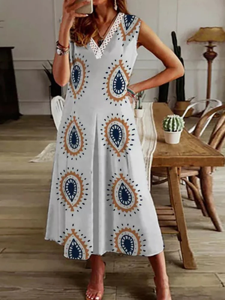 

Elegant V-Neck Lace Pullover Beach Dress Summer Print Pattern Sleeveless Long Dress New Casual Office Commute A-Line Folds Dress