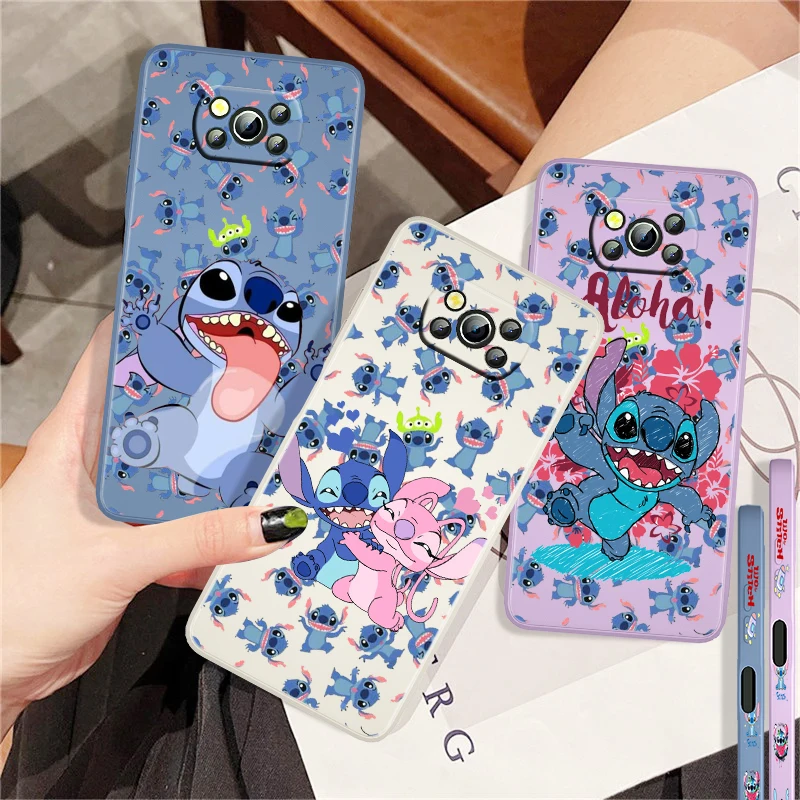 

Disney Cartoon Lilo & Stitch Liquid Left Rope Funda Phone Case For Xiaomi Mi Poco X4 X3 C40 C3 M4 M3 F4 F3 GT Pro NFC 5G Cover