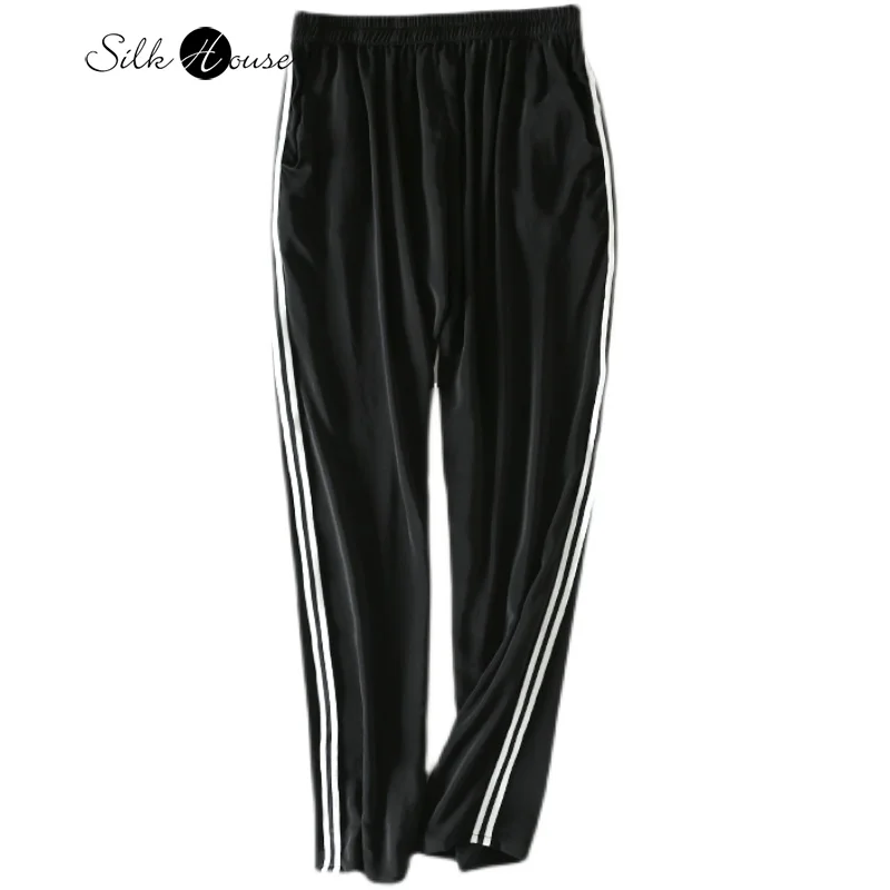 

Natural Mulberry Silk White Side Fashion New Spring and Summer Women's Clothes Striped Black Silk Loose Casual Pants Women