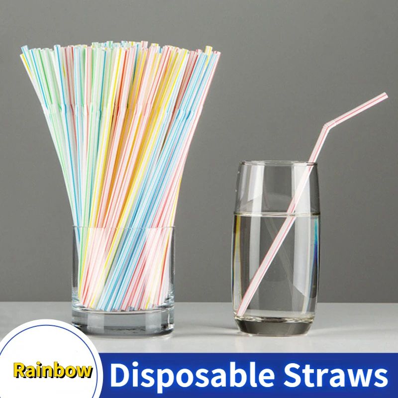 

100Pcs Disposable Straws Rainbow Straws 21cm Plastic Striped Bendable Straws for Gatherings Wedding Party Bar Reusable Straw