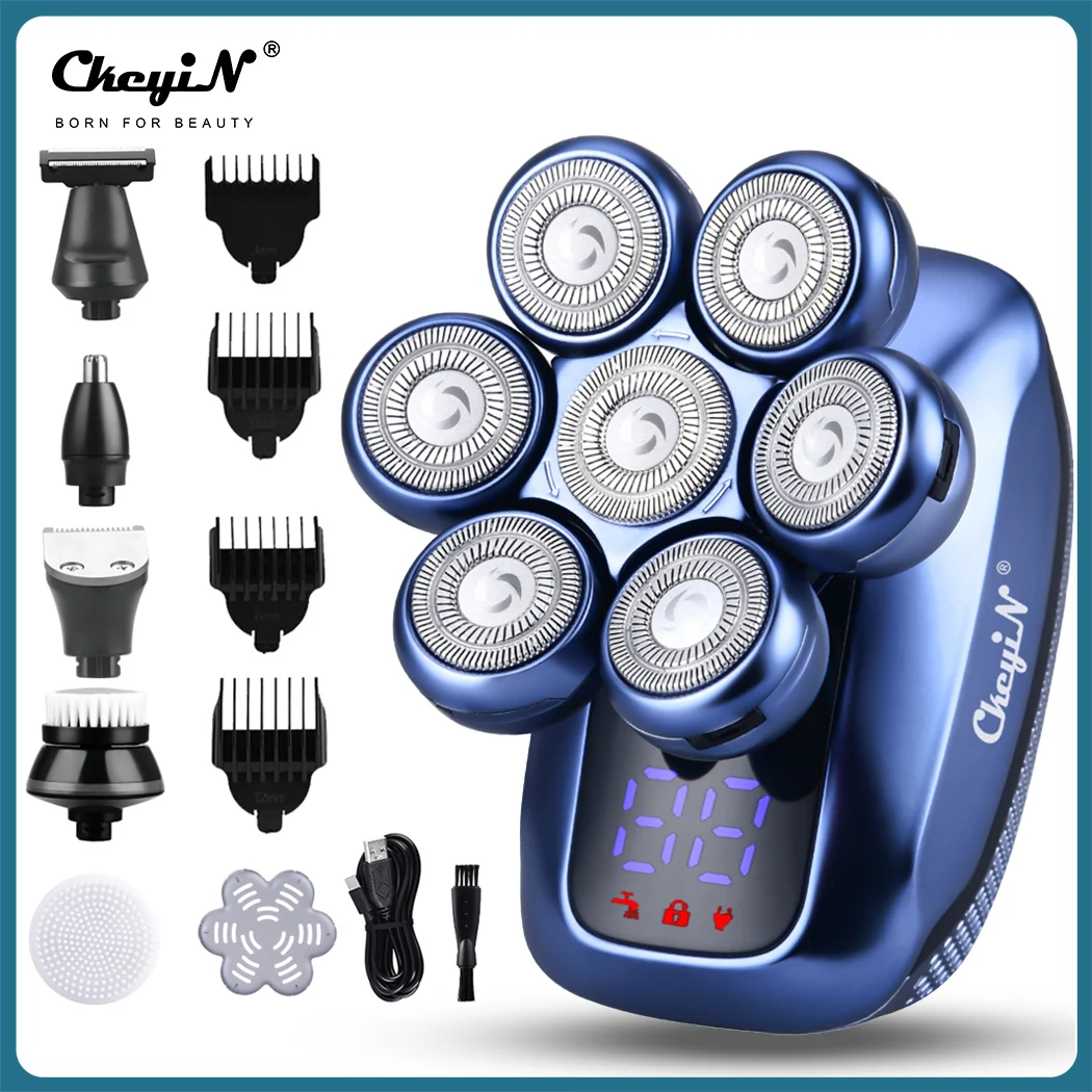 

CkeyiN 6 IN1 Electric Head Shaver for Bald Men 7D Floating Cutter Beard Trimmer Clipper Waterproof Shaving USB Wireless Charging