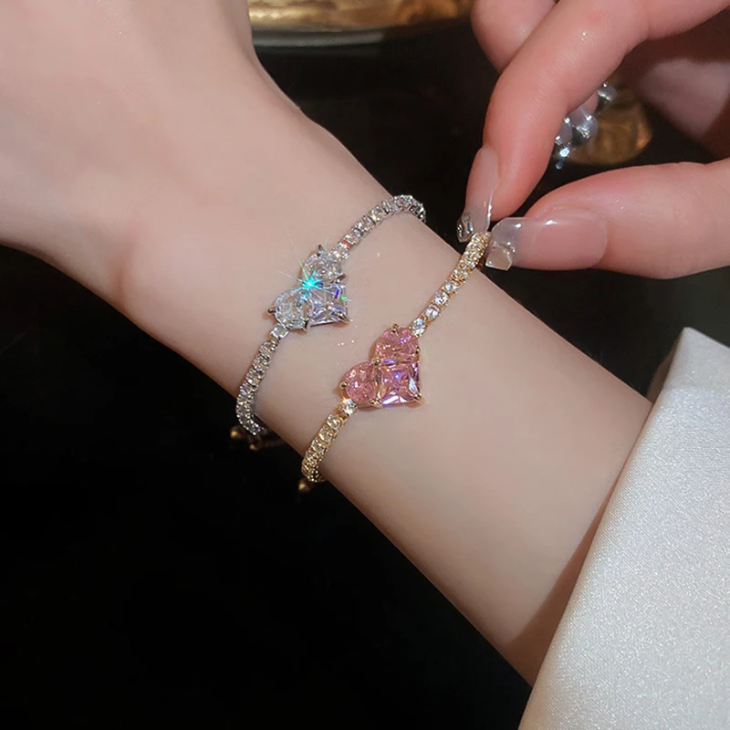 

Full Of Rhinestones Adjustable Plated Love Heart Bracelet For Women 2023 New Trendy Pink Zircon Bracelet Jewelry Gifts