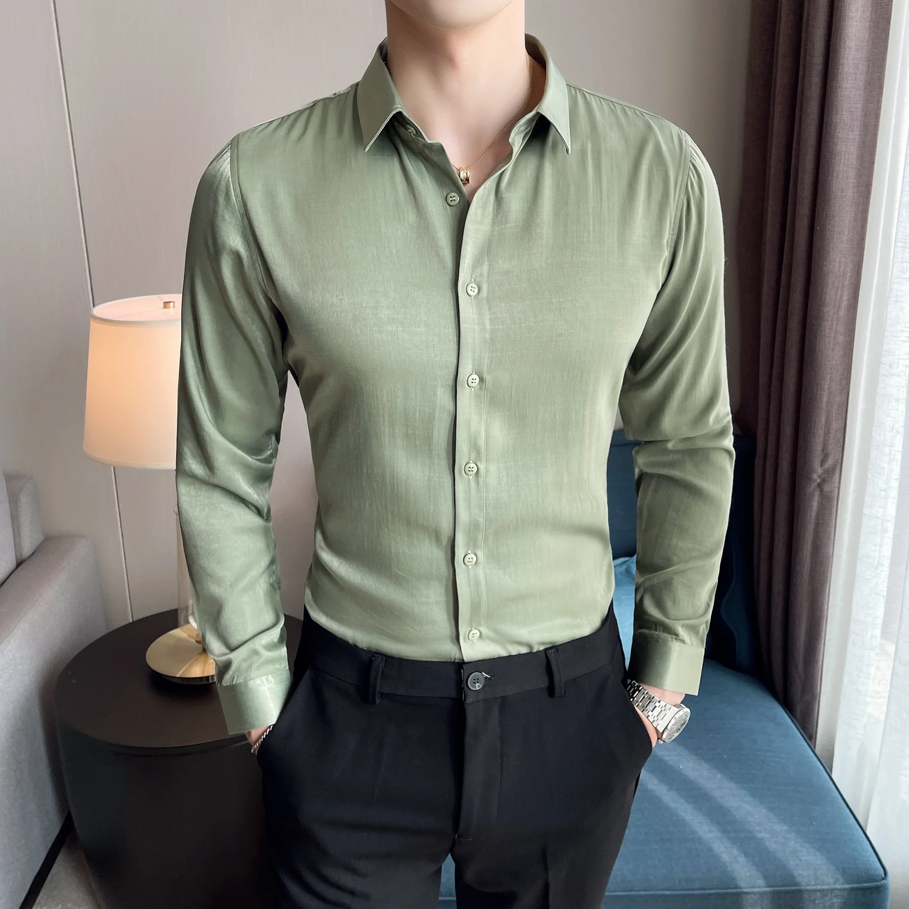 

High Quality Green Solid Button Up Long Sleeve Men 2022 Business Slim Fit Tuxedo Dress Shirt Chemise Homme