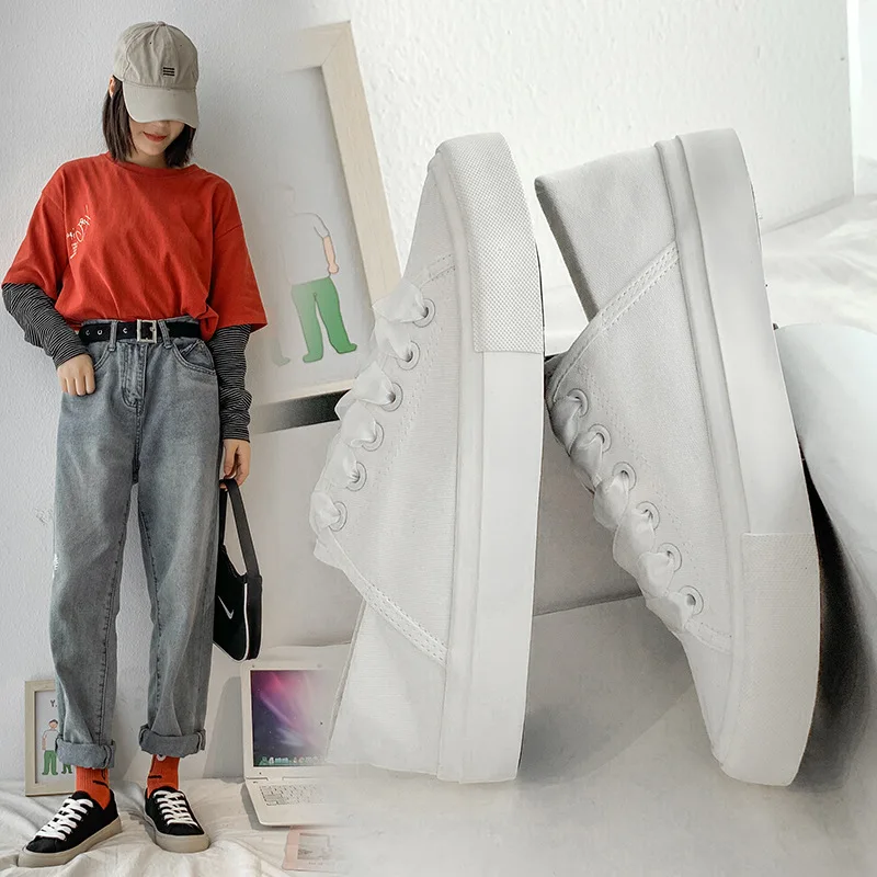 New Summer 2023 Lace Tied Canvas Shoes for Women Student Korean Version Versatile Flat Shoes Board Shoes Women's Casual Shoes