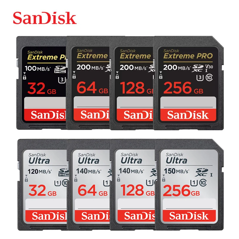 SanDisk SD Card 32GB 64GB 128GB 256GB Memory Card 120MB/s U1 200MB/s U3 V30 4K For Canon Nikon SLR Camera Shooting 4K Video