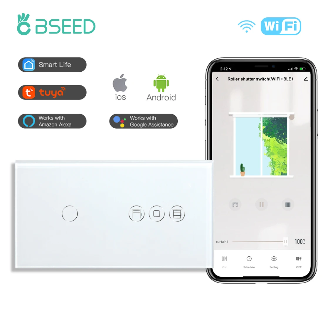 BSEED Smart Roller Shutter Switch Touch Blind Switch With Wifi Light Switch 1/2/3Gang 1/2/3Way Tuya Smart Life Wireless Control