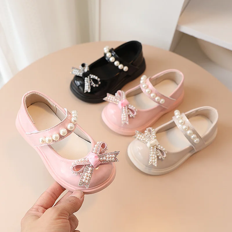 

New Spring Autumn Children Leather Shoes Baby Toddler Fashion Bow Soft Bottom Pearl Party Dance Shoes Kids Flats 02A