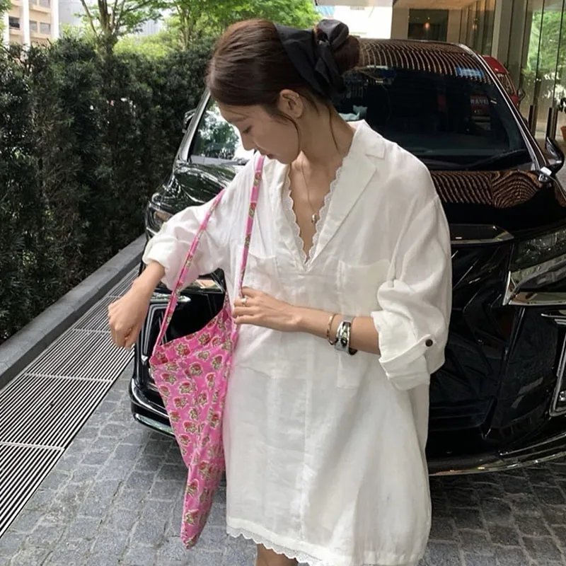 Lucyever женские белые длинные рубашки осенняя новинка Повседневная Свободная