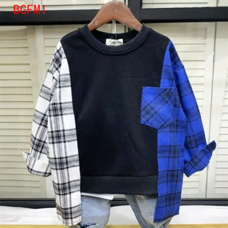 

Korean Casual Bottoming Shirt Teen Long-sleeve Top Fashion Baby Boy Plaid Patchwork Sweater Spring Autumn Cotton Shirt 3-12Y