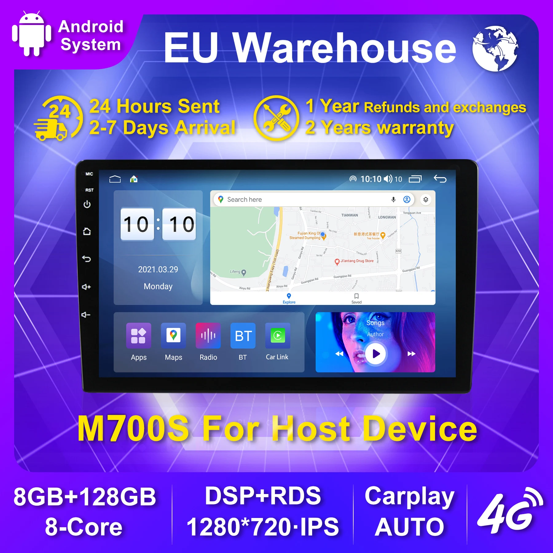 

M700S 8-core car radio multimedia suitable for 9-inch 10-inch general car multimedia Carplay auto stereo main unit DSP RDS
