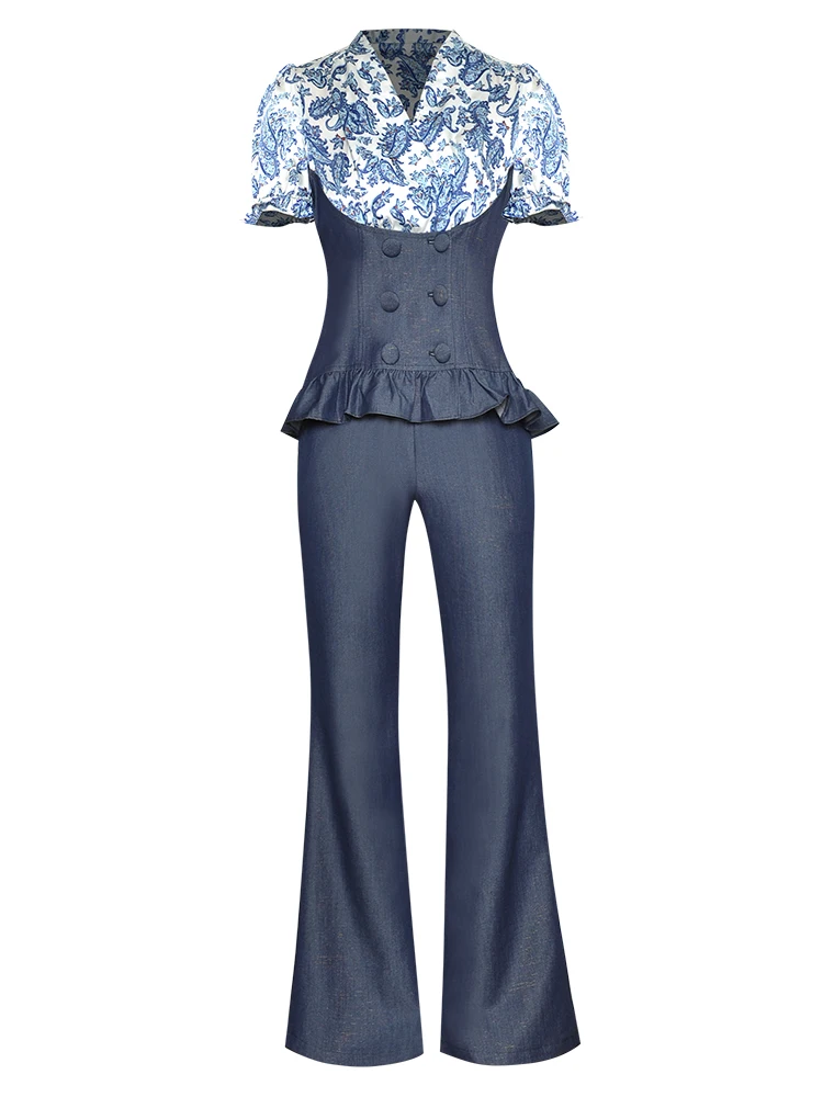 

Runway 2022 Summer New Designer Print Denim Shirts Tops Casual Pants Elegant Vintage High Quality Fashion Office Women's Sets